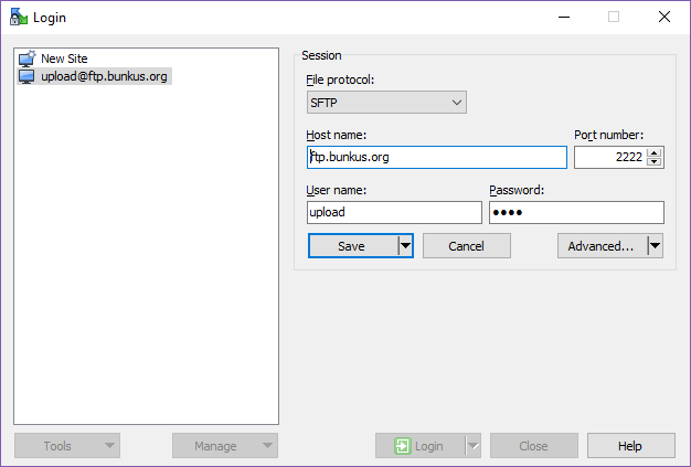 WinSCP configuration dialog for ftp.bunkus.org